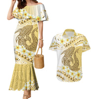 Gold Hawaii Shark Tattoo Couples Matching Mermaid Dress and Hawaiian Shirt Frangipani With Polynesian Pastel Version LT14 Gold - Polynesian Pride