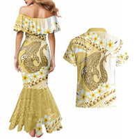 Gold Hawaii Shark Tattoo Couples Matching Mermaid Dress and Hawaiian Shirt Frangipani With Polynesian Pastel Version LT14 - Polynesian Pride
