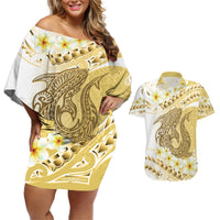Gold Hawaii Shark Tattoo Couples Matching Off Shoulder Short Dress and Hawaiian Shirt Frangipani With Polynesian Pastel Version LT14 Gold - Polynesian Pride