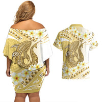 Gold Hawaii Shark Tattoo Couples Matching Off Shoulder Short Dress and Hawaiian Shirt Frangipani With Polynesian Pastel Version LT14 - Polynesian Pride