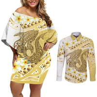 Gold Hawaii Shark Tattoo Couples Matching Off Shoulder Short Dress and Long Sleeve Button Shirt Frangipani With Polynesian Pastel Version LT14 Gold - Polynesian Pride