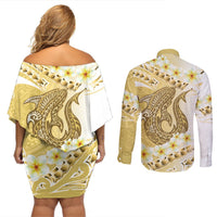 Gold Hawaii Shark Tattoo Couples Matching Off Shoulder Short Dress and Long Sleeve Button Shirt Frangipani With Polynesian Pastel Version LT14 - Polynesian Pride
