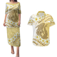 Gold Hawaii Shark Tattoo Couples Matching Puletasi and Hawaiian Shirt Frangipani With Polynesian Pastel Version