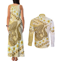 Gold Hawaii Shark Tattoo Couples Matching Tank Maxi Dress and Long Sleeve Button Shirt Frangipani With Polynesian Pastel Version