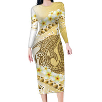 Gold Hawaii Shark Tattoo Family Matching Long Sleeve Bodycon Dress and Hawaiian Shirt Frangipani With Polynesian Pastel Version LT14 Mom's Dress Gold - Polynesian Pride
