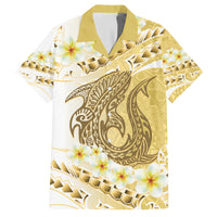 Gold Hawaii Shark Tattoo Family Matching Tank Maxi Dress and Hawaiian Shirt Frangipani With Polynesian Pastel Version