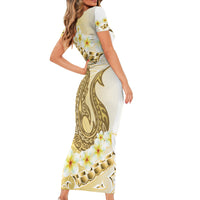 Gold Hawaii Shark Tattoo Short Sleeve Bodycon Dress Frangipani With Polynesian Pastel Version