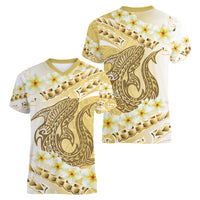 Gold Hawaii Shark Tattoo Women V-Neck T-Shirt Frangipani With Polynesian Pastel Version