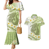Green Hawaii Shark Tattoo Couples Matching Mermaid Dress and Hawaiian Shirt Frangipani With Polynesian Pastel Version LT14 Green - Polynesian Pride