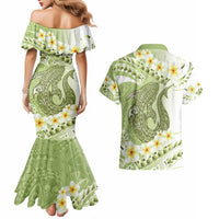 Green Hawaii Shark Tattoo Couples Matching Mermaid Dress and Hawaiian Shirt Frangipani With Polynesian Pastel Version LT14 - Polynesian Pride