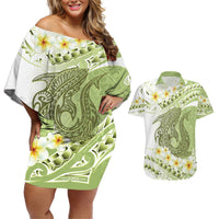 Green Hawaii Shark Tattoo Couples Matching Off Shoulder Short Dress and Hawaiian Shirt Frangipani With Polynesian Pastel Version LT14 Green - Polynesian Pride
