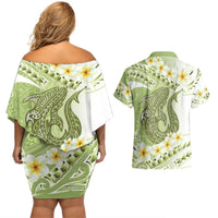 Green Hawaii Shark Tattoo Couples Matching Off Shoulder Short Dress and Hawaiian Shirt Frangipani With Polynesian Pastel Version LT14 - Polynesian Pride