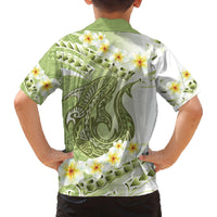 Green Hawaii Shark Tattoo Family Matching Long Sleeve Bodycon Dress and Hawaiian Shirt Frangipani With Polynesian Pastel Version LT14 - Polynesian Pride