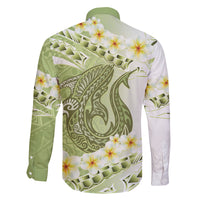 Green Hawaii Shark Tattoo Family Matching Long Sleeve Bodycon Dress and Hawaiian Shirt Frangipani With Polynesian Pastel Version LT14 - Polynesian Pride