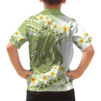 Green Hawaii Shark Tattoo Family Matching Short Sleeve Bodycon Dress and Hawaiian Shirt Frangipani With Polynesian Pastel Version LT14 - Polynesian Pride