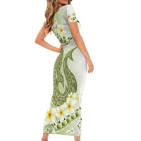 Green Hawaii Shark Tattoo Family Matching Short Sleeve Bodycon Dress and Hawaiian Shirt Frangipani With Polynesian Pastel Version LT14 - Polynesian Pride