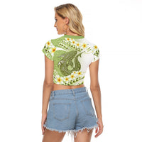 Green Hawaii Shark Tattoo Raglan Cropped T Shirt Frangipani With Polynesian Pastel Version