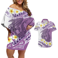 Purple Hawaii Shark Tattoo Couples Matching Off Shoulder Short Dress and Hawaiian Shirt Frangipani With Polynesian Pastel Version LT14 Purple - Polynesian Pride