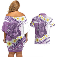 Purple Hawaii Shark Tattoo Couples Matching Off Shoulder Short Dress and Hawaiian Shirt Frangipani With Polynesian Pastel Version LT14 - Polynesian Pride