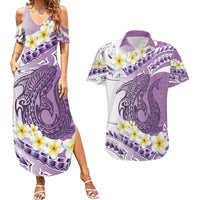 Purple Hawaii Shark Tattoo Couples Matching Summer Maxi Dress and Hawaiian Shirt Frangipani With Polynesian Pastel Version LT14 Purple - Polynesian Pride