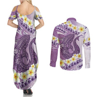 Purple Hawaii Shark Tattoo Couples Matching Summer Maxi Dress and Long Sleeve Button Shirt Frangipani With Polynesian Pastel Version
