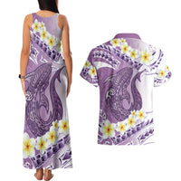 Purple Hawaii Shark Tattoo Couples Matching Tank Maxi Dress and Hawaiian Shirt Frangipani With Polynesian Pastel Version
