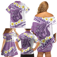 Purple Hawaii Shark Tattoo Family Matching Off Shoulder Short Dress and Hawaiian Shirt Frangipani With Polynesian Pastel Version