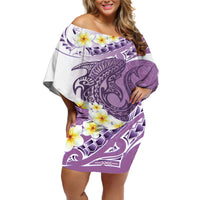 Purple Hawaii Shark Tattoo Off Shoulder Short Dress Frangipani With Polynesian Pastel Version