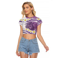 Purple Hawaii Shark Tattoo Raglan Cropped T Shirt Frangipani With Polynesian Pastel Version
