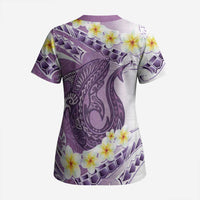 Purple Hawaii Shark Tattoo Scrub Top Frangipani With Polynesian Pastel Version - Polynesian Pride