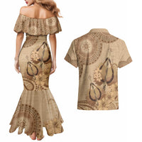 Brown Bula Fiji Couples Matching Mermaid Dress and Hawaiian Shirt Fijian Dance Fan Tapa Cloth Pattern