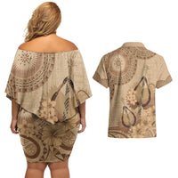Brown Bula Fiji Couples Matching Off Shoulder Short Dress and Hawaiian Shirt Fijian Dance Fan Tapa Cloth Pattern