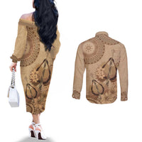 Brown Bula Fiji Couples Matching Off The Shoulder Long Sleeve Dress and Long Sleeve Button Shirt Fijian Dance Fan Tapa Cloth Pattern