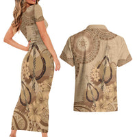 Brown Bula Fiji Couples Matching Short Sleeve Bodycon Dress and Hawaiian Shirt Fijian Dance Fan Tapa Cloth Pattern