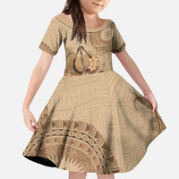 Brown Bula Fiji Family Matching Tank Maxi Dress and Hawaiian Shirt Fijian Dance Fan Tapa Cloth Pattern