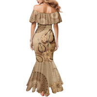 Brown Bula Fiji Mermaid Dress Fijian Dance Fan Tapa Cloth Pattern