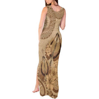 Brown Bula Fiji Tank Maxi Dress Fijian Dance Fan Tapa Cloth Pattern