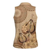Brown Bula Fiji Women Sleeveless Polo Shirt Fijian Dance Fan Tapa Cloth Pattern