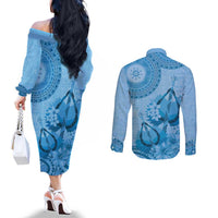Blue Bula Fiji Couples Matching Off The Shoulder Long Sleeve Dress and Long Sleeve Button Shirt Fijian Dance Fan Tapa Cloth Pattern