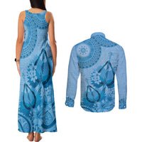 Blue Bula Fiji Couples Matching Tank Maxi Dress and Long Sleeve Button Shirt Fijian Dance Fan Tapa Cloth Pattern