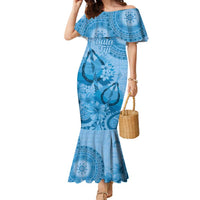 Blue Bula Fiji Family Matching Mermaid Dress and Hawaiian Shirt Fijian Dance Fan Tapa Cloth Pattern