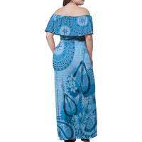 Blue Bula Fiji Family Matching Off Shoulder Maxi Dress and Hawaiian Shirt Fijian Dance Fan Tapa Cloth Pattern