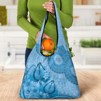 Blue Bula Fiji Grocery Bag Fijian Dance Fan Tapa Cloth Pattern