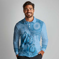 Blue Bula Fiji Long Sleeve Polo Shirt Fijian Dance Fan Tapa Cloth Pattern