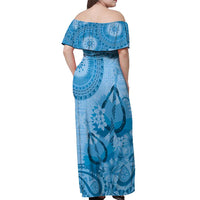Blue Bula Fiji Off Shoulder Maxi Dress Fijian Dance Fan Tapa Cloth Pattern