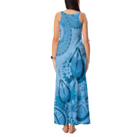 Blue Bula Fiji Tank Maxi Dress Fijian Dance Fan Tapa Cloth Pattern