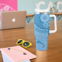 Blue Bula Fiji Tumbler With Handle Fijian Dance Fan Tapa Cloth Pattern