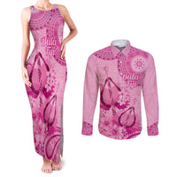 Pink Bula Fiji Couples Matching Tank Maxi Dress and Long Sleeve Button Shirt Fijian Dance Fan Tapa Cloth Pattern
