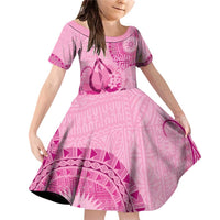 Pink Bula Fiji Family Matching Off Shoulder Short Dress and Hawaiian Shirt Fijian Dance Fan Tapa Cloth Pattern