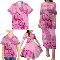 Pink Bula Fiji Family Matching Puletasi and Hawaiian Shirt Fijian Dance Fan Tapa Cloth Pattern